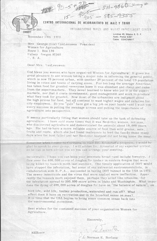 1973 Letter from Dr. Borlaug to Oregon Women for Agriculture